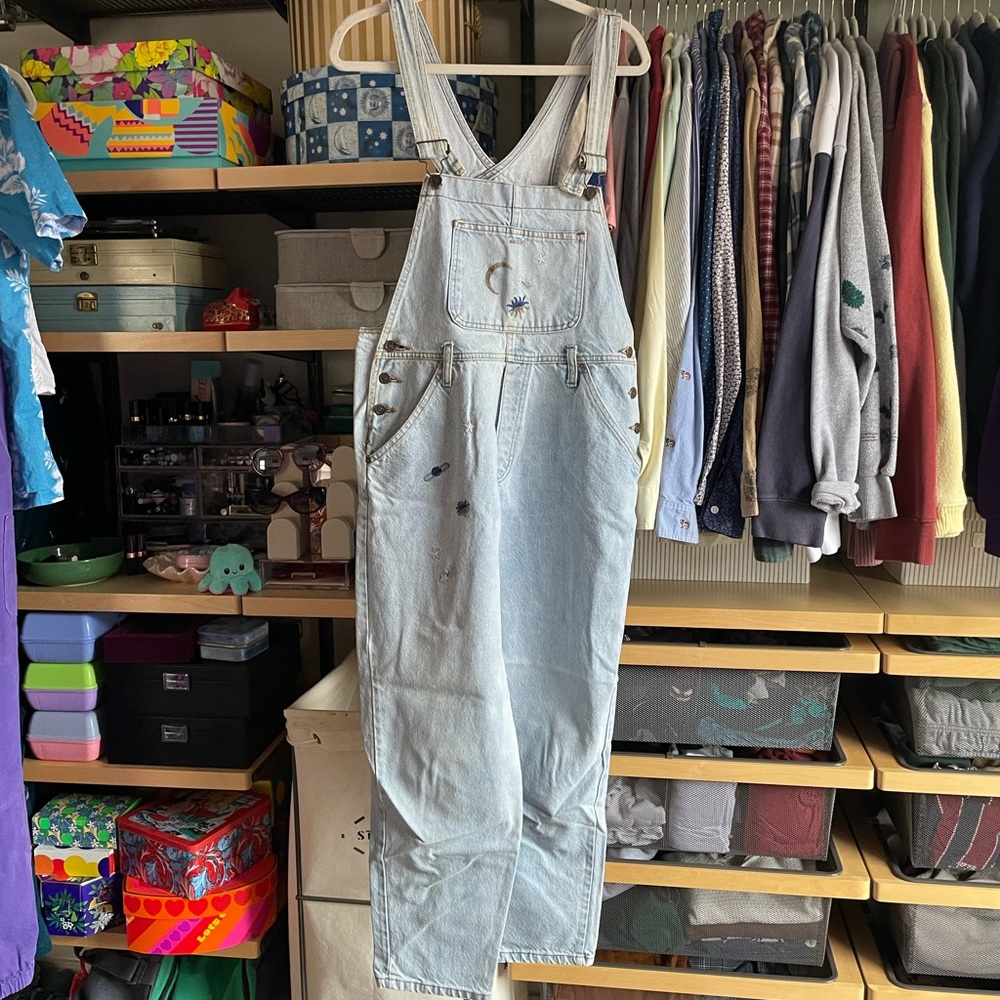 Vintage LEI celestial star moon embroidered overalls, size large